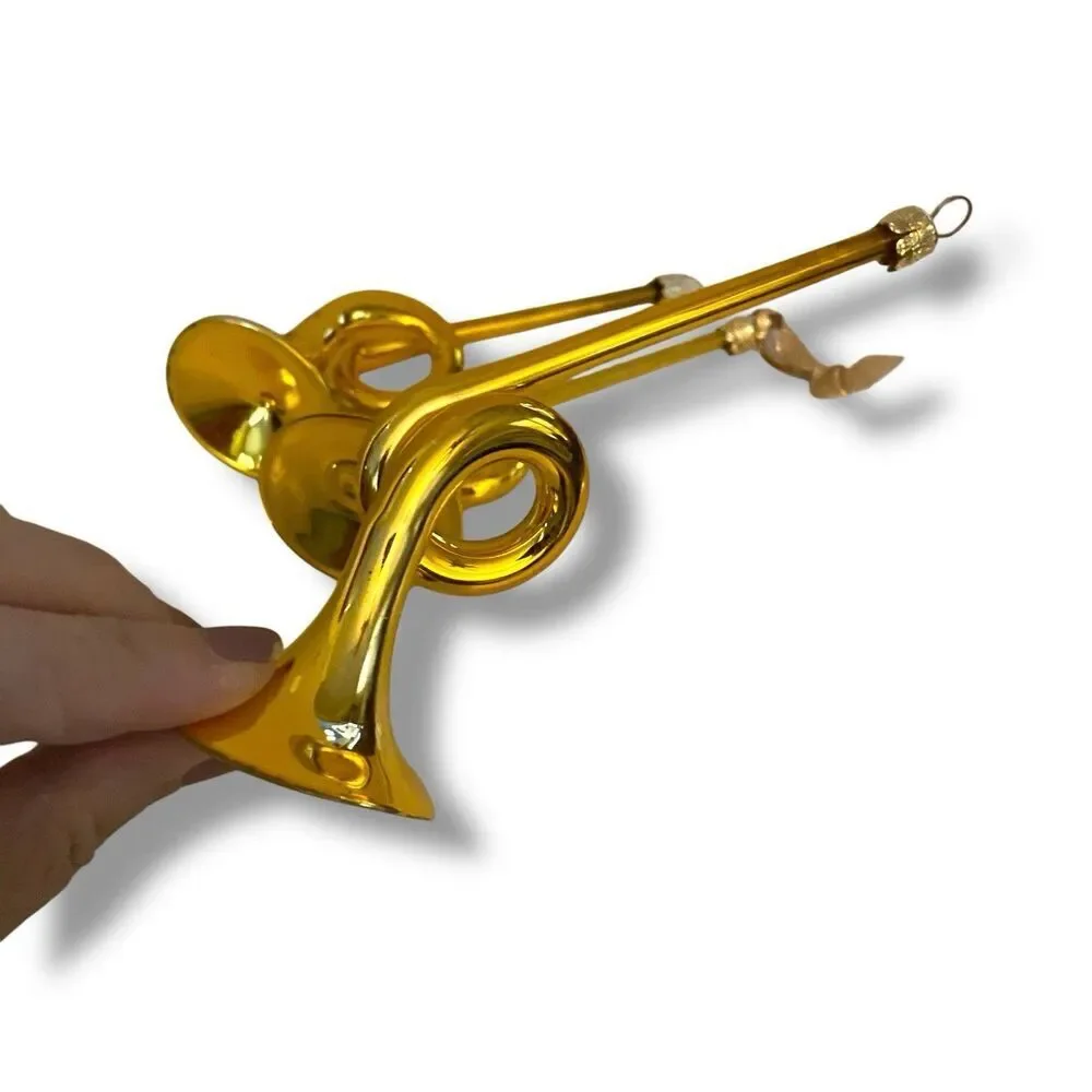 Vintage 1950's Slovakia Set Of 3 Gold Mercury Glass French Horn Ornaments